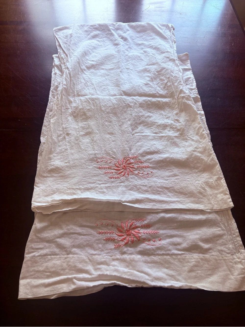 White cotton pillowcases  with Pink Floral Embroidery